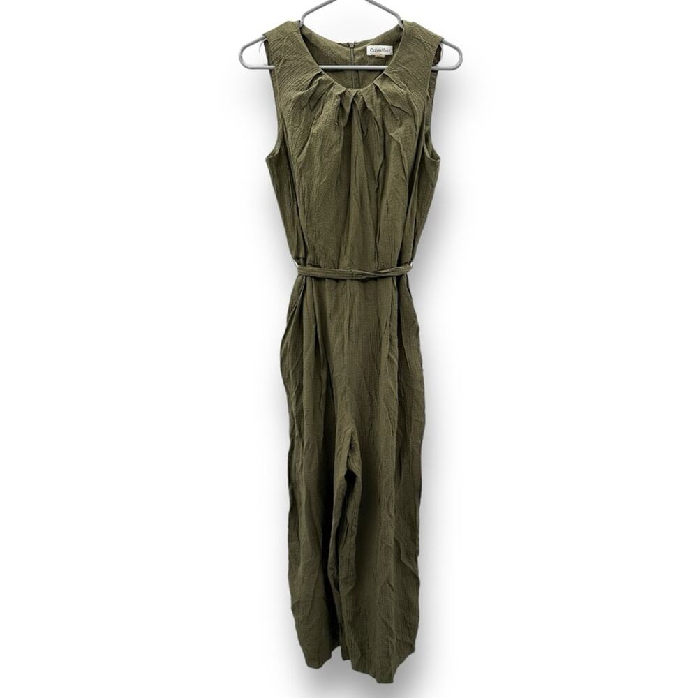 Calvin Klein Olive‎ Green Sleeveless Wide Leg Tie Waist Cropped Jumpsuit Sz 10